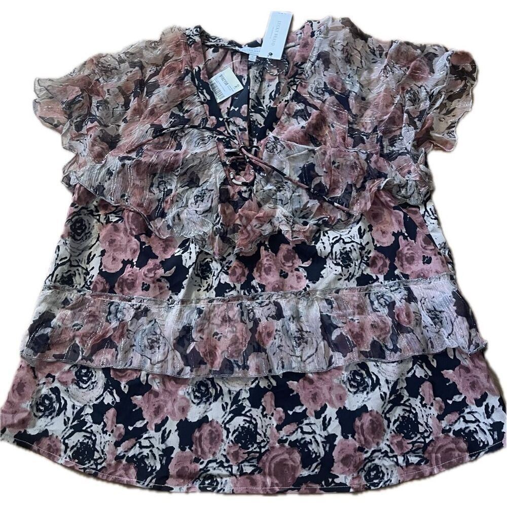 Lucky Brand NWT Ruffle Pink and Black Blouse Women’s Size Small
